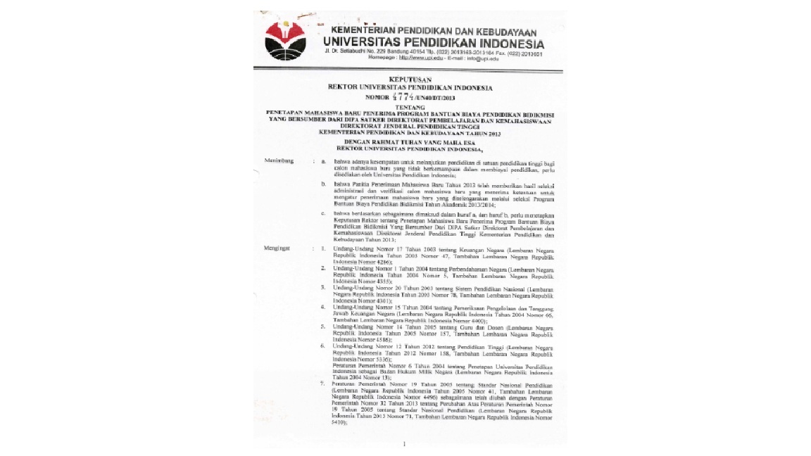 Surat Keputusan Rektor Universitas Pendidikan Indonesia Tentang Penetapan Mahasiswa Baru Penerima Program Bantuan Biaya Bidikmisi