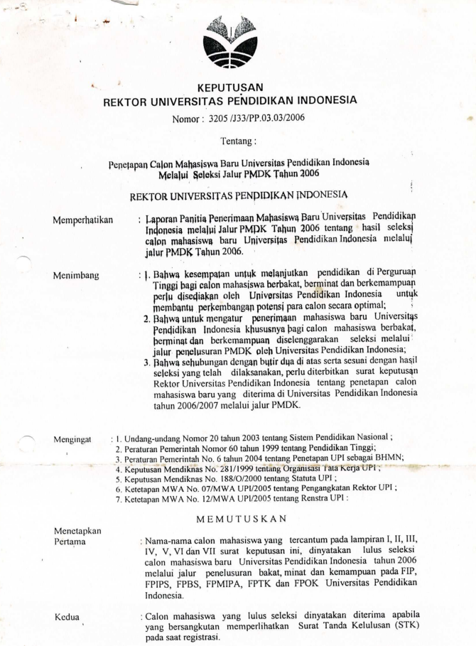 Surat Keputusan Rektor Penetapan Calon Mahasiswa Baru UPI Melalaui Jalur PMDK Tahun 2006