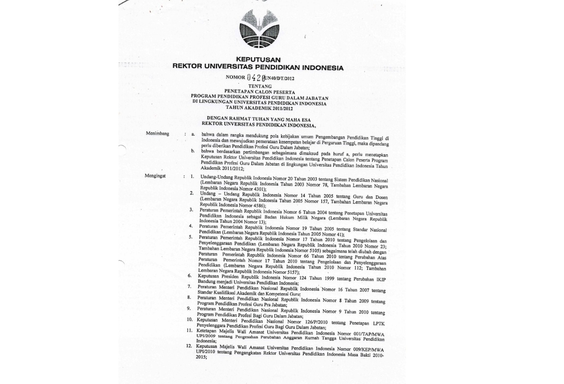 Surat Keputusan Rektor Universitas Pendidikan Indonesia Tentang Calon Peserta Program Pendidikan Profesi Guru Dalam Jabatan