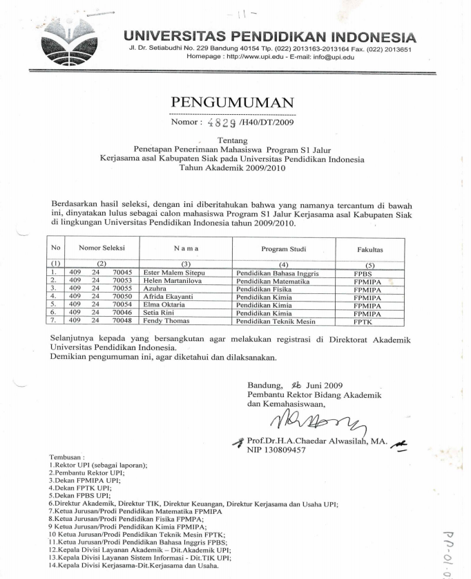 Surat Pengumuman UPI Tentang Penetapan Penerimaan Mahasiswa Program S1 Jalur Kerjasama Asal Kabupaten Siak pada Universitas Pendidikan Indonesia Tahun 2009/2010
